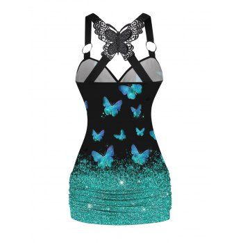 Shiny Butterfly Print Lace Insert Surplice Neck O Ring Ruched Tank Top 