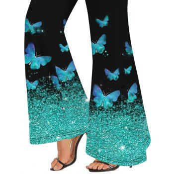 Shiny Butterfly Print High Waist Long Flare Pants