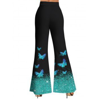 Shiny Butterfly Print Lace Insert Surplice Neck Ruched Tank Top And Flare Pants Matching Outfit