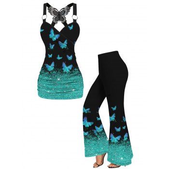 Shiny Butterfly Print Lace Insert Surplice Neck Ruched Tank Top And Flare Pants Matching Outfit on sale