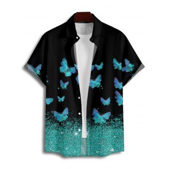 Shiny Butterfly Print Button Up Short Sleeve Shirt 
