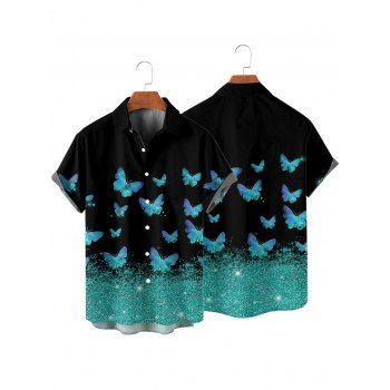 Shiny Butterfly Print Button Up Short Sleeve Shirt 