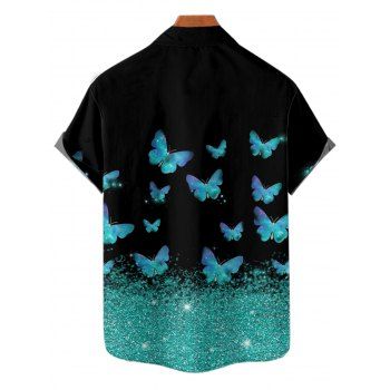 Shiny Butterfly Print Button Up Short Sleeve Shirt 