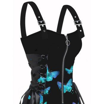 Shiny Butterfly Print Lace Up Half Zipper Buckle Strap Mini Dress