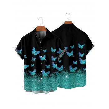 Shiny Butterfly Print Lace Up Half Zipper Mini Dress And Short Sleeve Shirt Matching Outfit