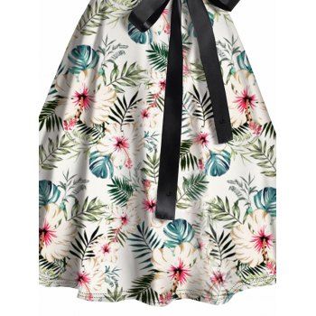 Tropical Flower Leaf Print Colorblock Belted Vacation Dress Mock Button Ruched Mini Dress