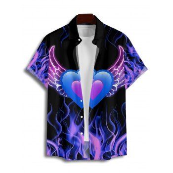 Valentine`s Day Heart Wing Flame Print Short Sleeve Button Up Shirt 