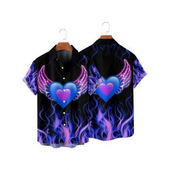 Valentine`s Day Heart Wing Flame Print Short Sleeve Button Up Shirt 