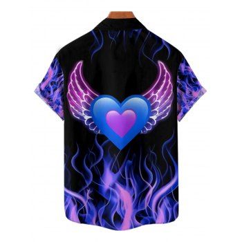 Valentine`s Day Heart Wing Flame Print Short Sleeve Button Up Shirt 