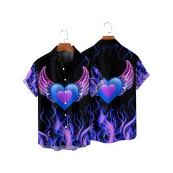 Valentine's Day Heart Wing Flame Print V Neck A Line Dress And Short Sleeve Shirt Matching Outfit