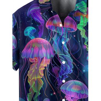 Psychedelic Jellyfish Print Button Up Short Sleeve Vacation Shirt 