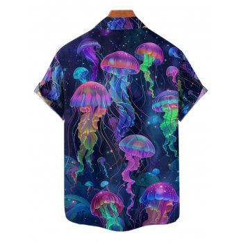 Psychedelic Jellyfish Print Button Up Short Sleeve Vacation Shirt 