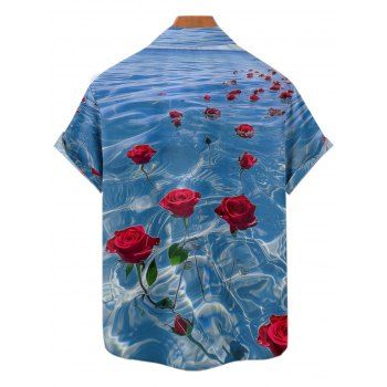 Rose Ocean Print Short Sleeve Shirt Button Up Turndown Collar Shirt 