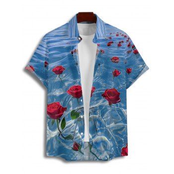 Rose Ocean Print Short Sleeve Shirt Button Up Turndown Collar Shirt 