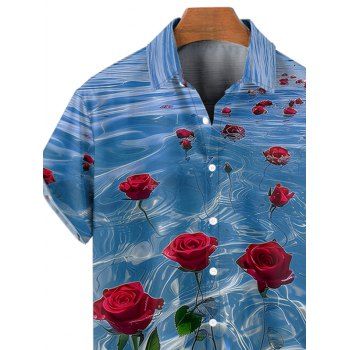Rose Ocean Print Short Sleeve Shirt Button Up Turndown Collar Shirt 