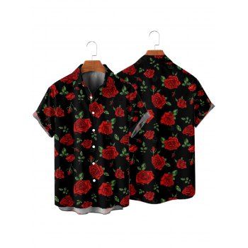 Allover Rose Print Valentine's Day Button Up Short Sleeve Shirt