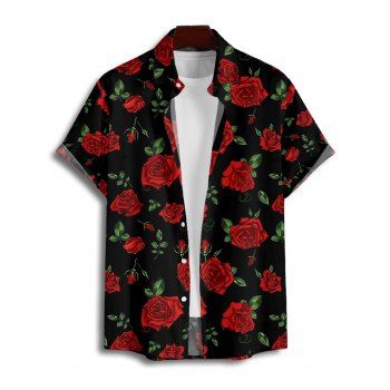 Allover Rose Print Valentine`s Day Button Up Short Sleeve Shirt 