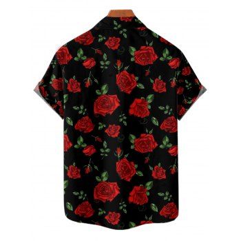 Allover Rose Print Valentine`s Day Button Up Short Sleeve Shirt 