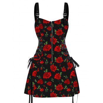 Allover Rose Print Half Zipper Lace Up Valentine`s Day Mini Dress 