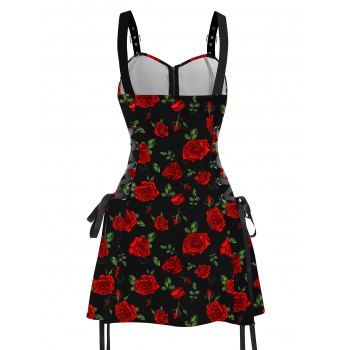 Allover Rose Print Half Zipper Lace Up Valentine`s Day Mini Dress 