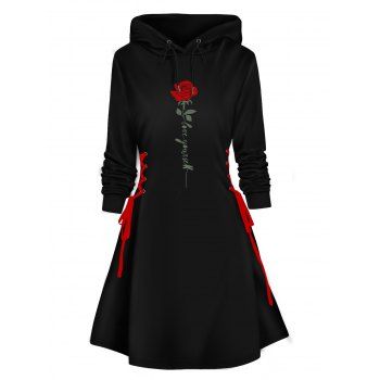 Valentine`s Day Rose Print Lace Up Mini Hooded Dress 