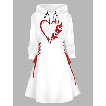 Valentine`s Day Contrast Heart Star Print Lace Up Mini Hooded Dress 