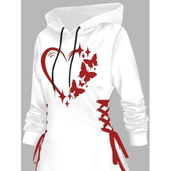 Valentine's Day Contrast Heart Star Print Lace Up Mini Hooded Dress