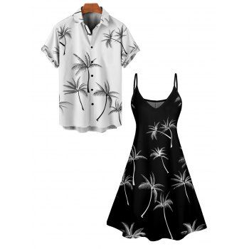 Palm Tree Print V Neck A Line Mini Dress And Short Sleeve Shirt Vacation Outfit