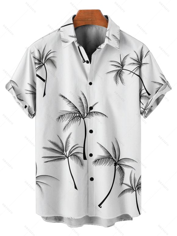 Chemise de Vacances Arbre de Palmier Imprimée Boutonnée à Manches Courtes - Blanc 4XL