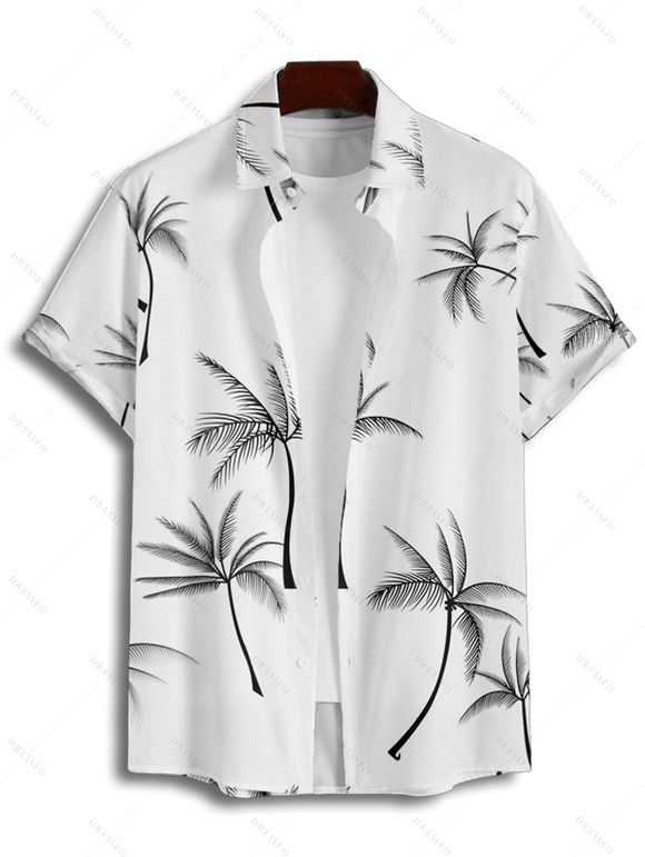 Chemise de Vacances Arbre de Palmier Imprimée Boutonnée à Manches Courtes - Blanc L