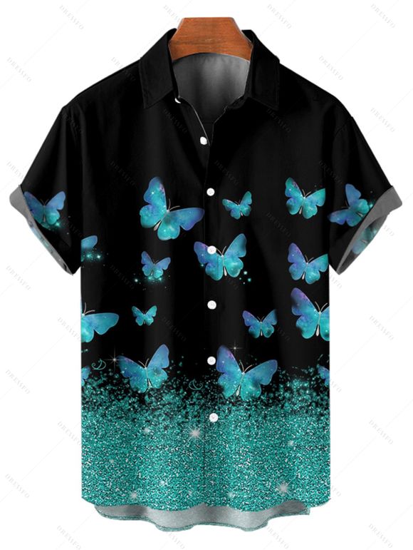 Chemise Brillante Papillon Imprimé Boutonnée à Manches Courtes - Noir S