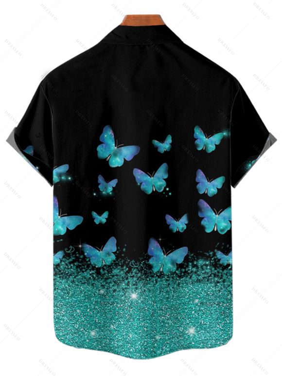 Chemise Brillante Papillon Imprimé Boutonnée à Manches Courtes - Noir L