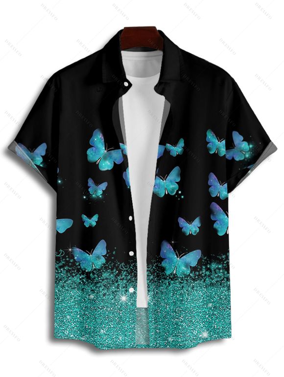 Chemise Brillante Papillon Imprimé Boutonnée à Manches Courtes - Noir L