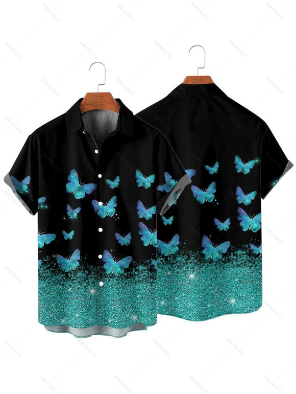 Chemise Brillante Papillon Imprimé Boutonnée à Manches Courtes - Noir L