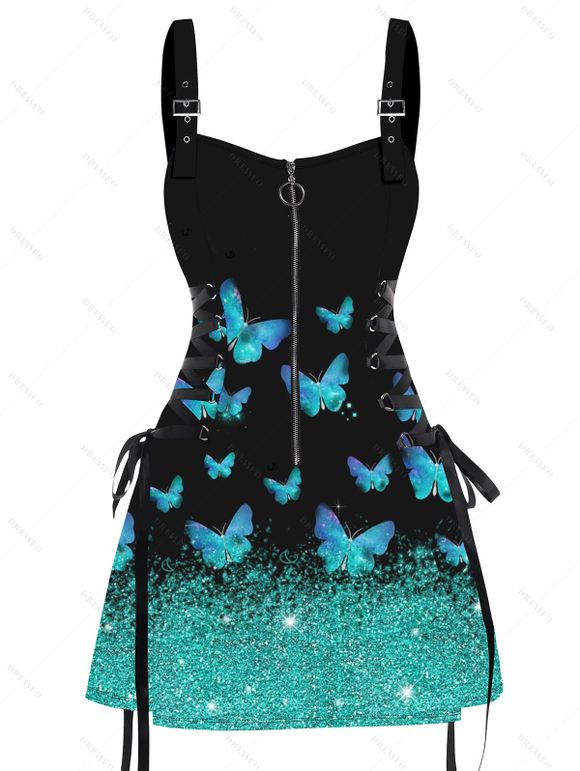 Mini Robe Brillante Bouclée Papillon Imprimé à Demi-Zip à Lacets - Noir M | US 6