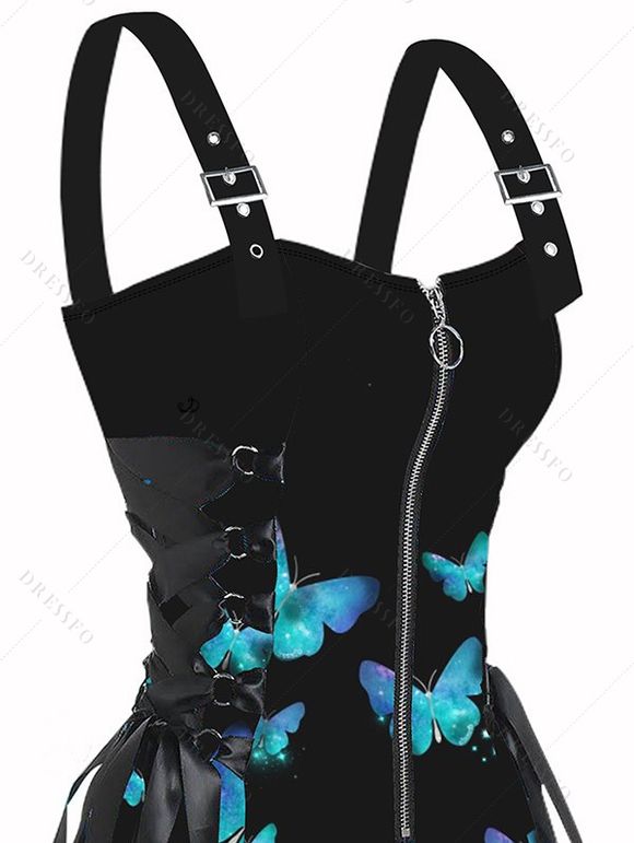 Mini Robe Brillante Bouclée Papillon Imprimé à Demi-Zip à Lacets - Noir M | US 6