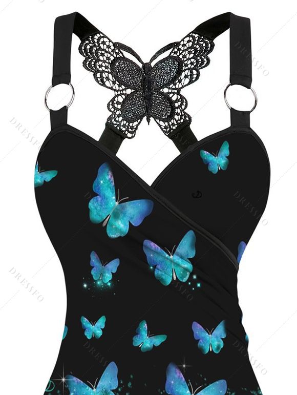 Débardeur Superposé Papillon Imprimé en Dentelle Insérée à Volants - Noir XL | US 12