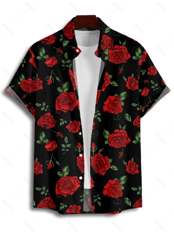 Chemise Rose en Tissu Imprimé Boutonnée Saint-Valentin à Manches Courtes - Noir L