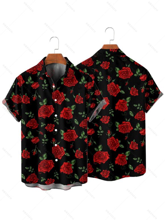 Chemise Rose en Tissu Imprimé Boutonnée Saint-Valentin à Manches Courtes - Noir L