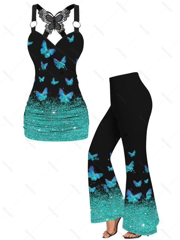 Shiny Butterfly Print Lace Insert Surplice Neck Ruched Tank Top And Flare Pants Matching Outfit - Noir S | US 4