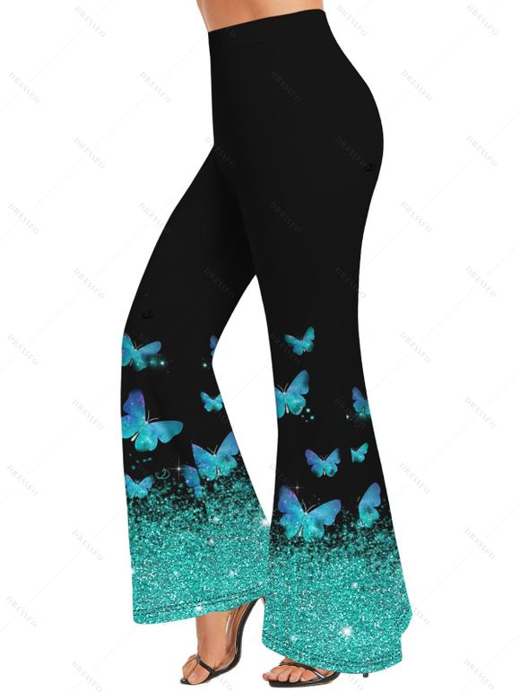 Shiny Butterfly Print Lace Insert Surplice Neck Ruched Tank Top And Flare Pants Matching Outfit - Noir S | US 4