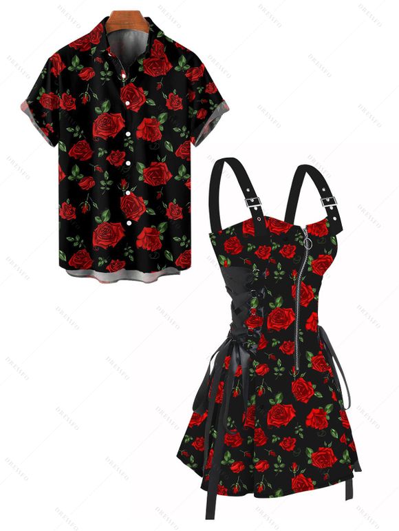 Allover Rose Print Half Zipper Lace Up Valentine's Day Dress And Short Sleeve Shirt Matching Outfit - Noir S | US 4