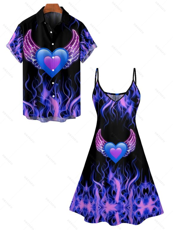 Valentine's Day Heart Wing Flame Print V Neck A Line Dress And Short Sleeve Shirt Matching Outfit - Bleu profond S | US 4