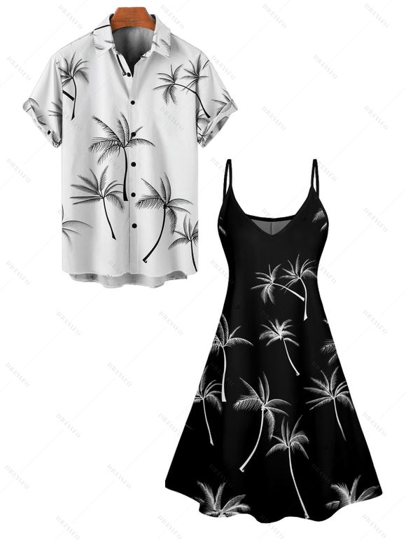 Palm Tree Print V Neck A Line Mini Dress And Short Sleeve Shirt Vacation Outfit - Noir S | US 4