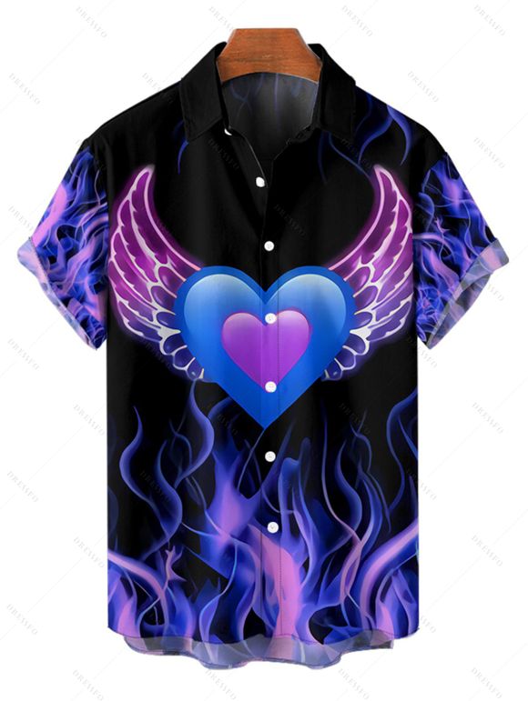 Chemise Boutonnée Cœur Aile en Flamme Imprimé à Manches Courtes Saint-Valentin - Bleu profond S