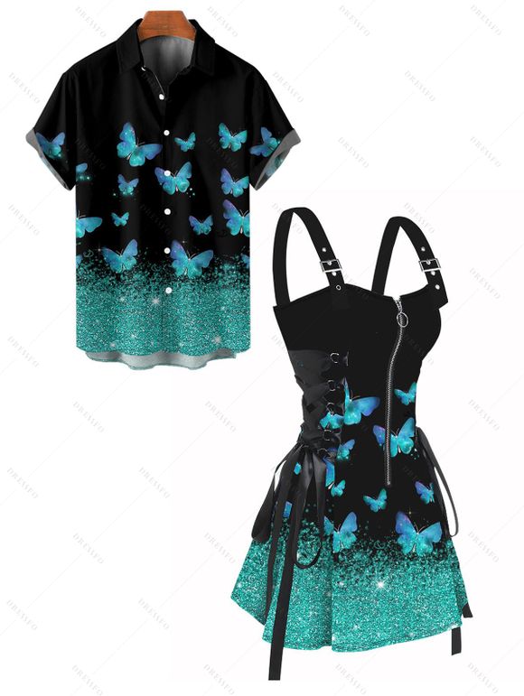 Shiny Butterfly Print Lace Up Half Zipper Mini Dress And Short Sleeve Shirt Matching Outfit - Noir S | US 4