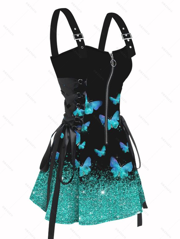 Shiny Butterfly Print Lace Up Half Zipper Mini Dress And Short Sleeve Shirt Matching Outfit - Noir S | US 4