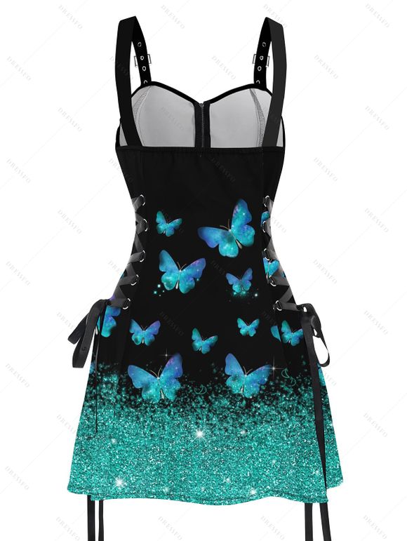 Shiny Butterfly Print Lace Up Half Zipper Mini Dress And Short Sleeve Shirt Matching Outfit - Noir S | US 4