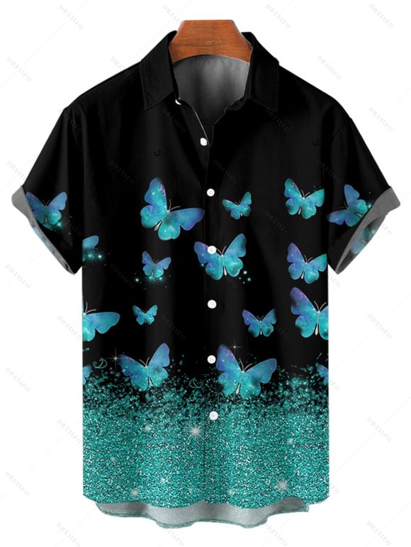 Shiny Butterfly Print Lace Up Half Zipper Mini Dress And Short Sleeve Shirt Matching Outfit - Noir S | US 4