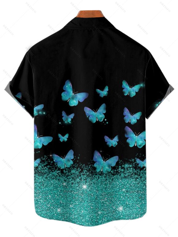 Shiny Butterfly Print Lace Up Half Zipper Mini Dress And Short Sleeve Shirt Matching Outfit - Noir S | US 4